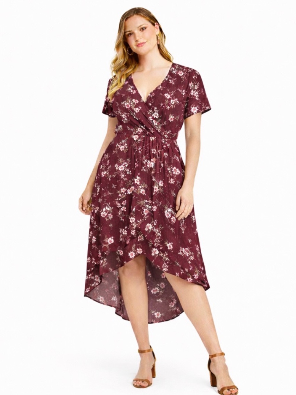 Torrid Burgundy Floral High Low Wrap Dress Women’s Size 1 (14-16) Spring